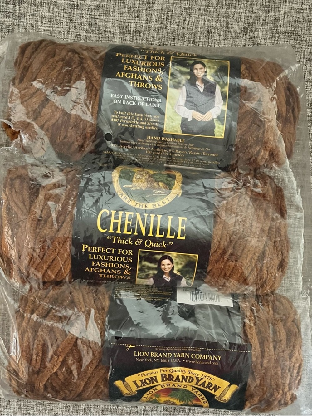 Lion Brand Chenille Thick & Quick Brown (Sable) Yarn 3 Pack 100 Yards Each New